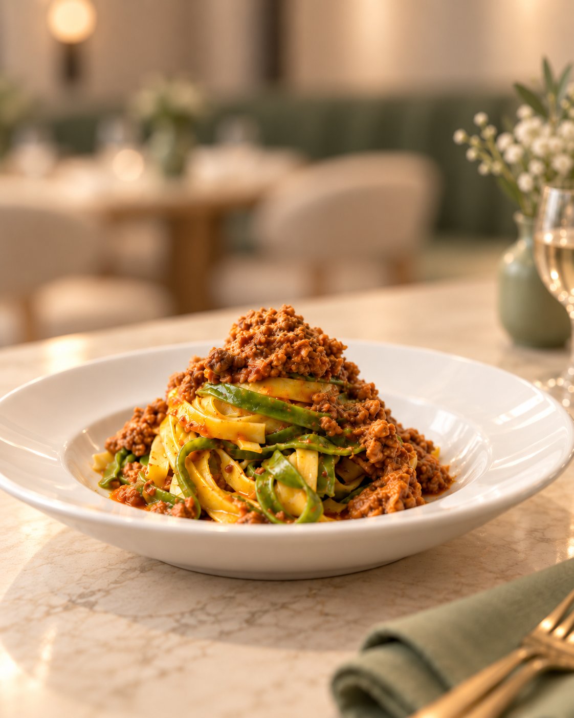 Tagliatelle with bolognese in a white bowl on a marble table